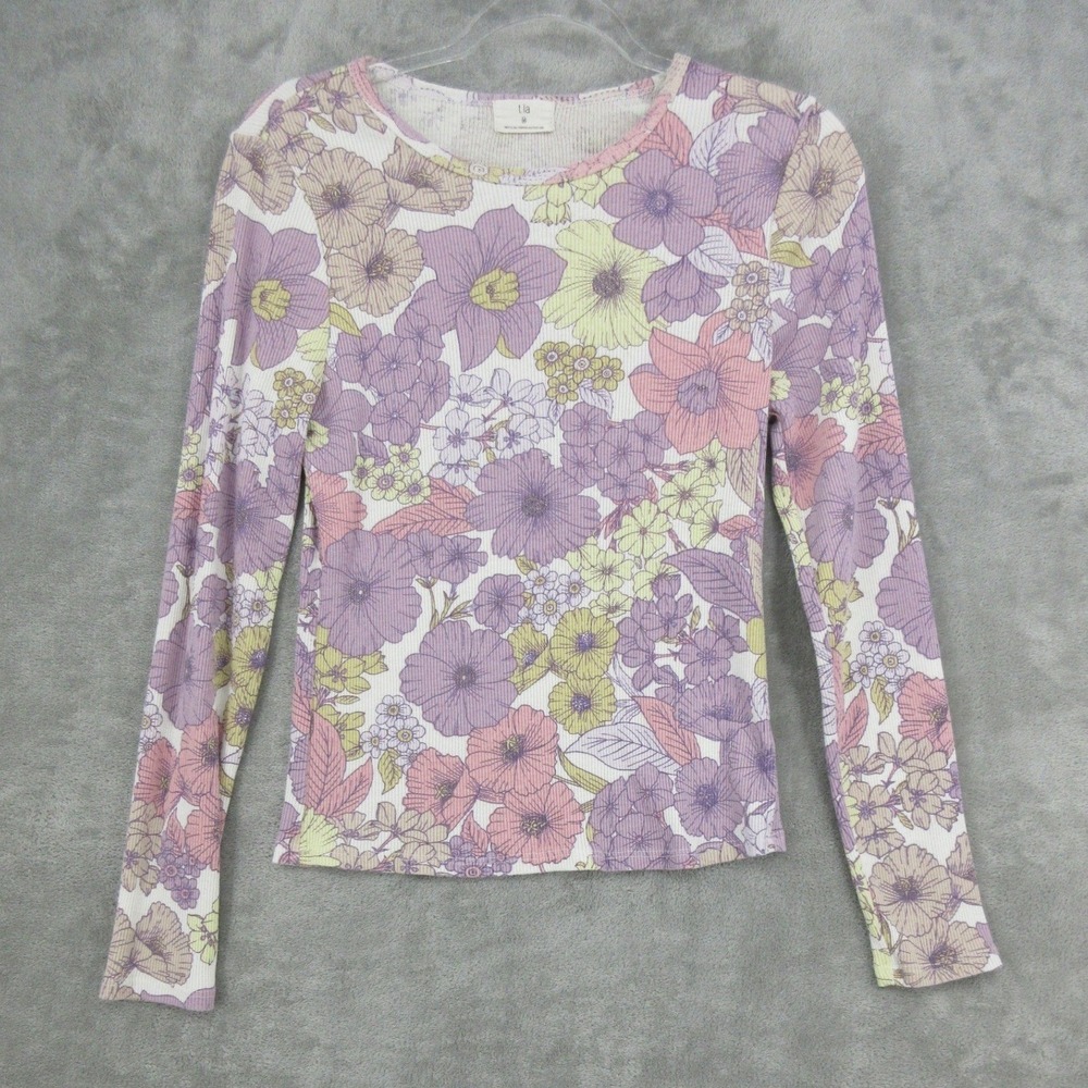 Anthropologie t.la Top Women Medium Floral Ribbed Knit Pullover Fitted Purple